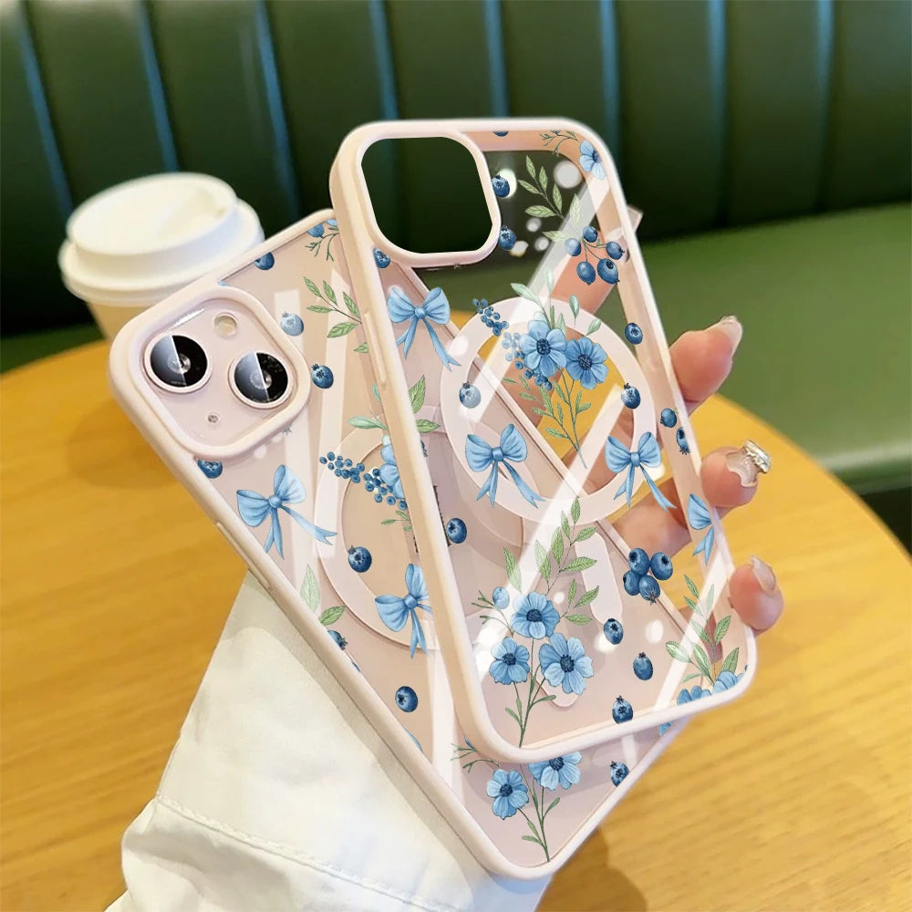 Blueberry Floral Clear Case  For iPhone 17 14 12 Pro Max 13 16 15 Plus 11 Cases For Magsafe Wireless Charing Shockproof Fundas