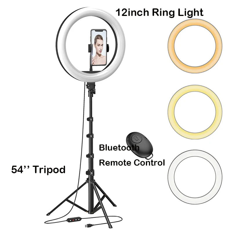 12’’Selfie Ring Light with Adjustable Tripod Stand & Phone Holder for Live Stream/Makeup,Dimmable LED Ringlight for Tiktok/Zoom