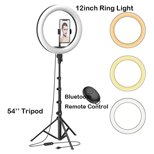 12’’Selfie Ring Light with Adjustable Tripod Stand & Phone Holder for Live Stream/Makeup,Dimmable LED Ringlight for Tiktok/Zoom