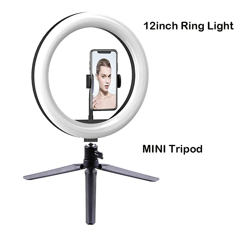 12’’Selfie Ring Light with Adjustable Tripod Stand & Phone Holder for Live Stream/Makeup,Dimmable LED Ringlight for Tiktok/Zoom