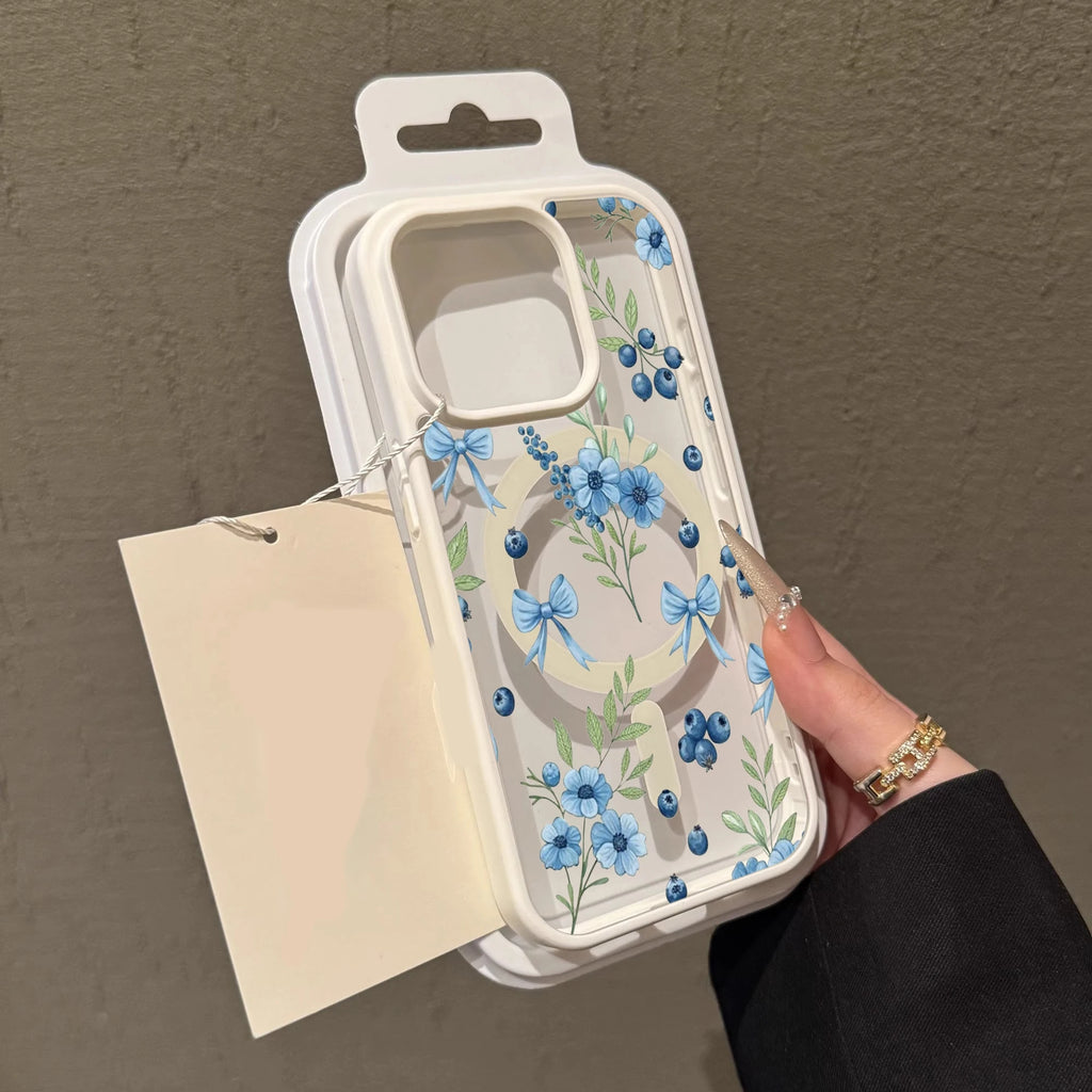 Blueberry Floral Clear Case  For iPhone 17 14 12 Pro Max 13 16 15 Plus 11 Cases For Magsafe Wireless Charing Shockproof Fundas