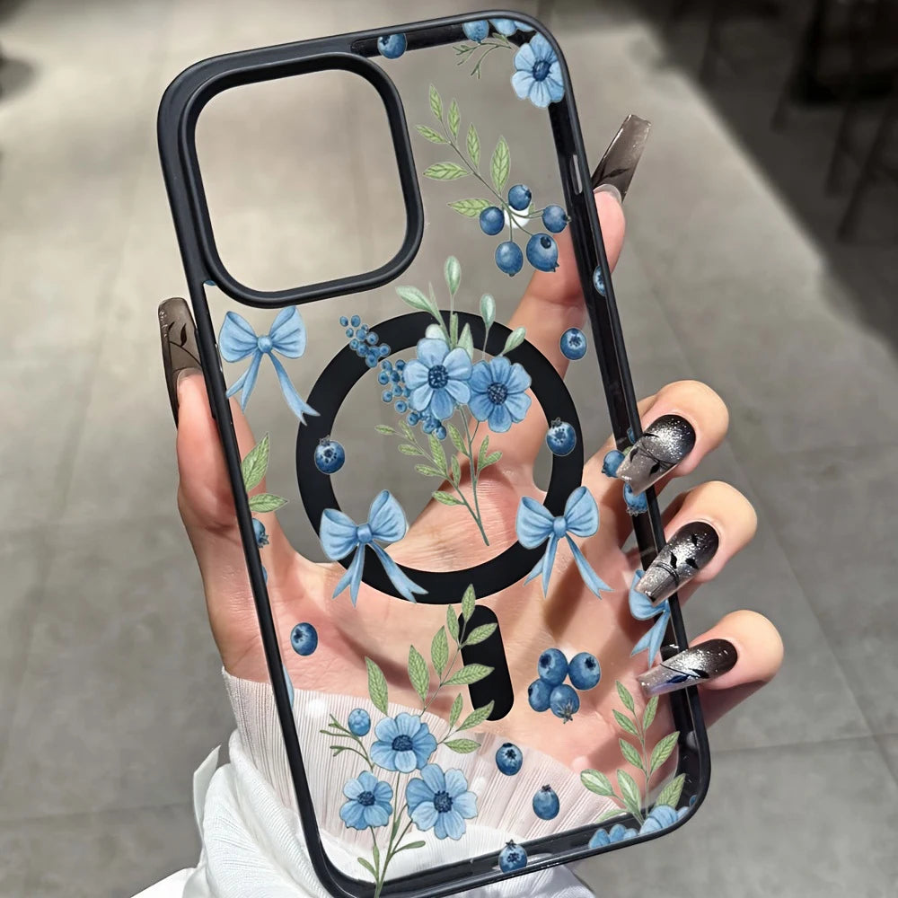 Blueberry Floral Clear Case  For iPhone 17 14 12 Pro Max 13 16 15 Plus 11 Cases For Magsafe Wireless Charing Shockproof Fundas