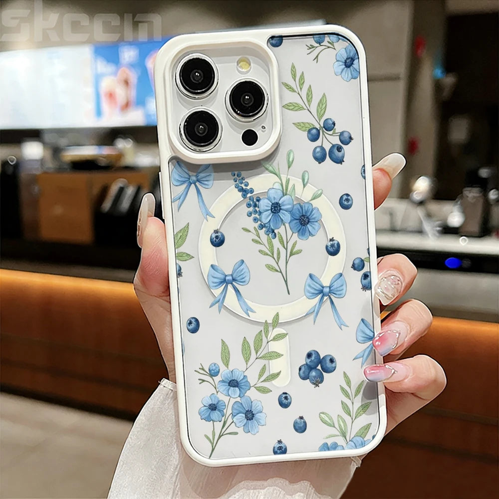 Blueberry Floral Clear Case  For iPhone 17 14 12 Pro Max 13 16 15 Plus 11 Cases For Magsafe Wireless Charing Shockproof Fundas