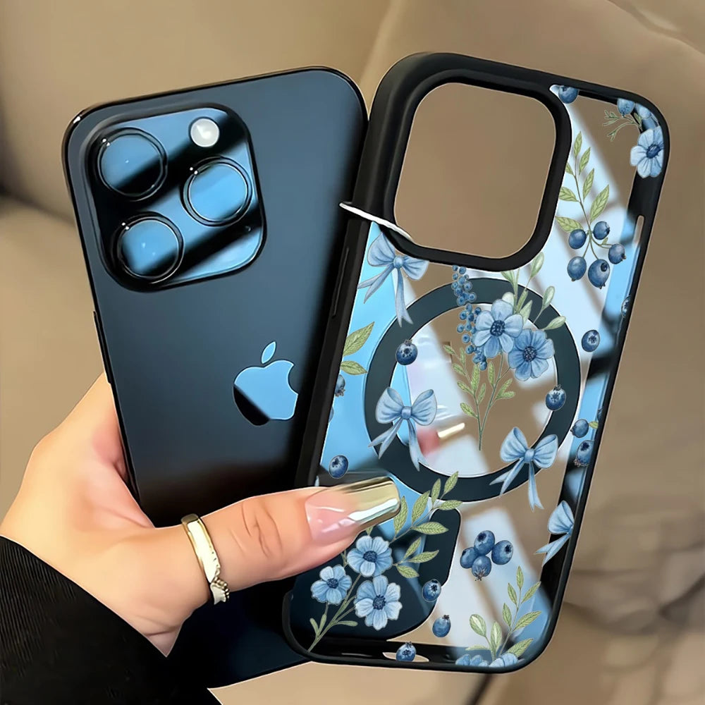 Blueberry Floral Clear Case  For iPhone 17 14 12 Pro Max 13 16 15 Plus 11 Cases For Magsafe Wireless Charing Shockproof Fundas